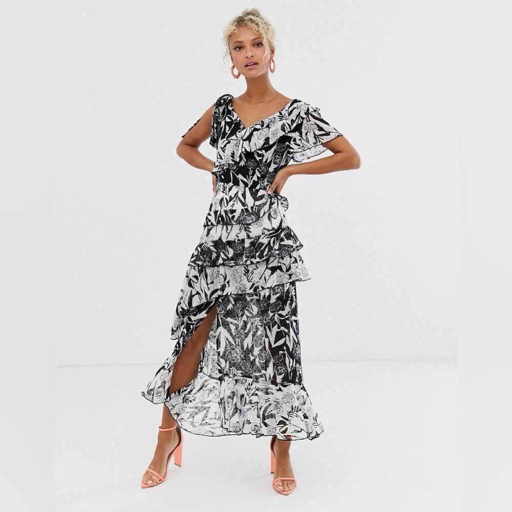Dark Pink deconstructed midi tea dress in black and white print